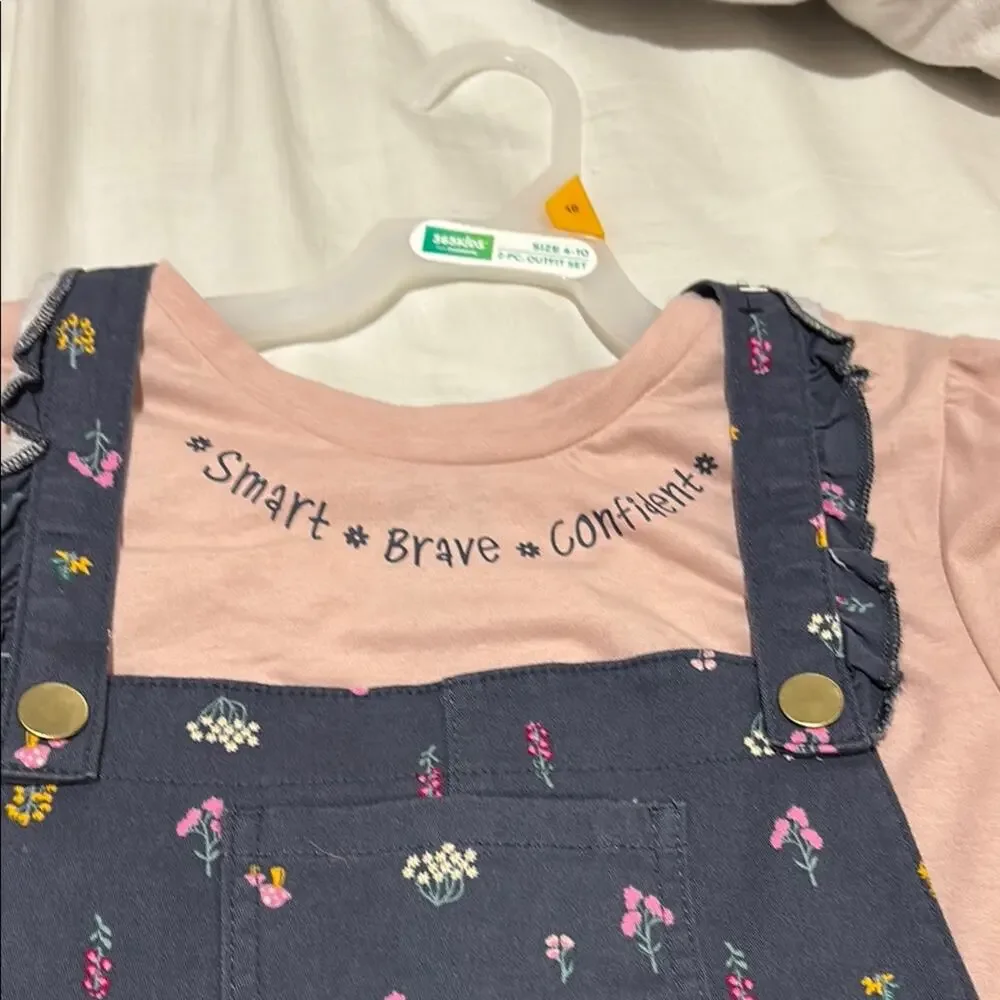 365 kids 10 Pink Top grey Floral Overall Dress jumper denim Set nwt